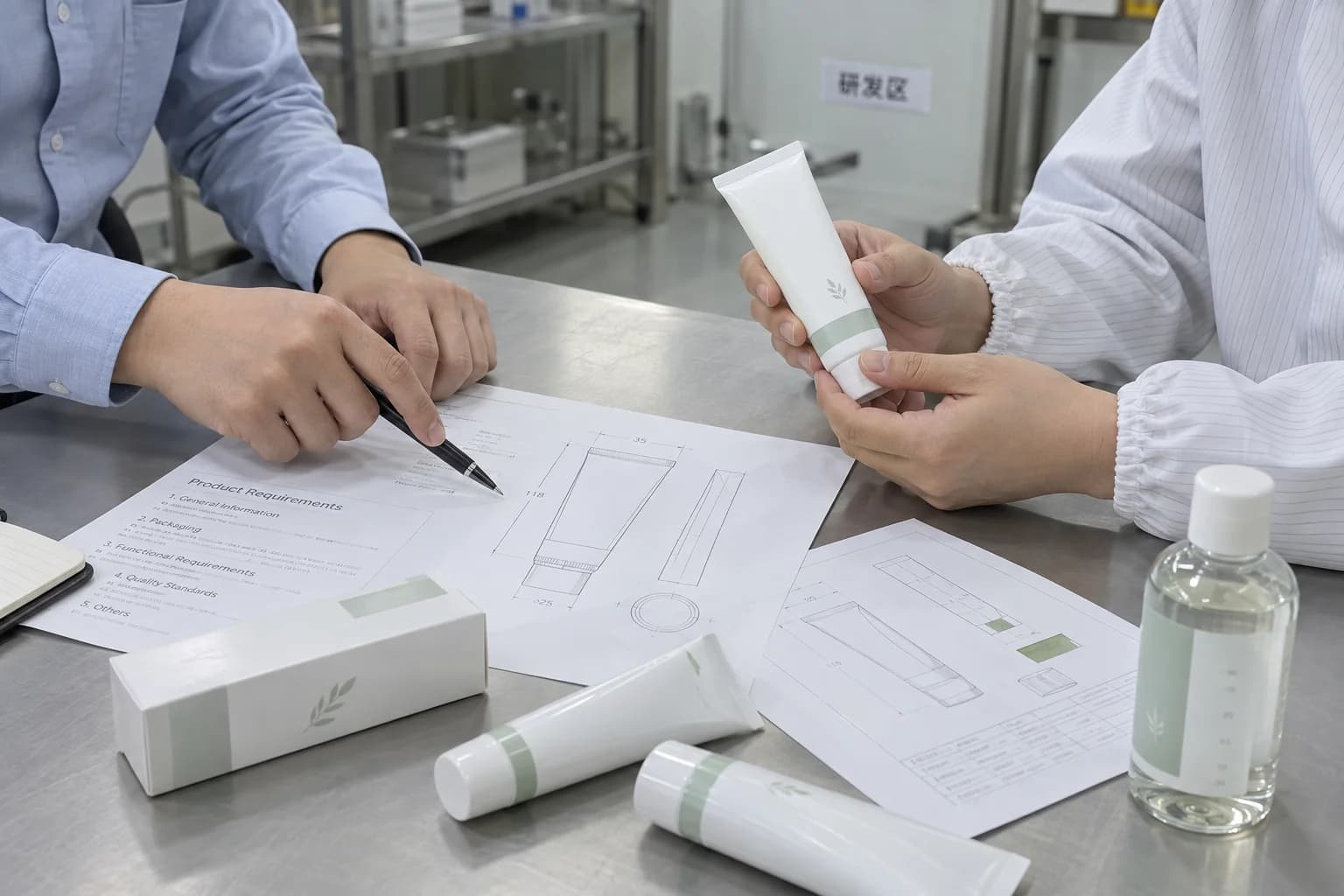 Illustrative scene of a product specialist and technician discussing an oral care sample plan.