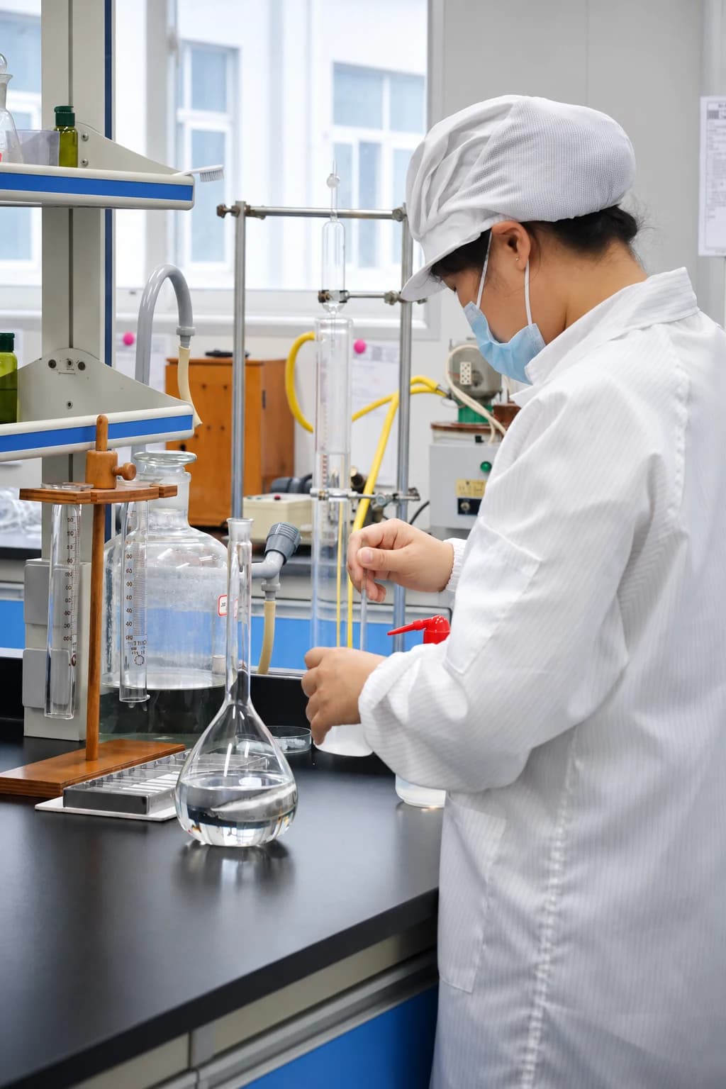 An Airsun laboratory technician working with glassware and testing equipment.